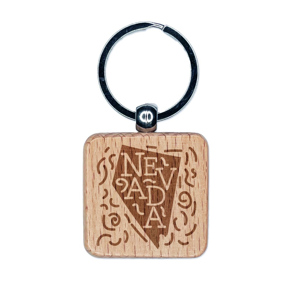 Nevada State with Text Swirls Engraved Wood Square Keychain Tag Charm