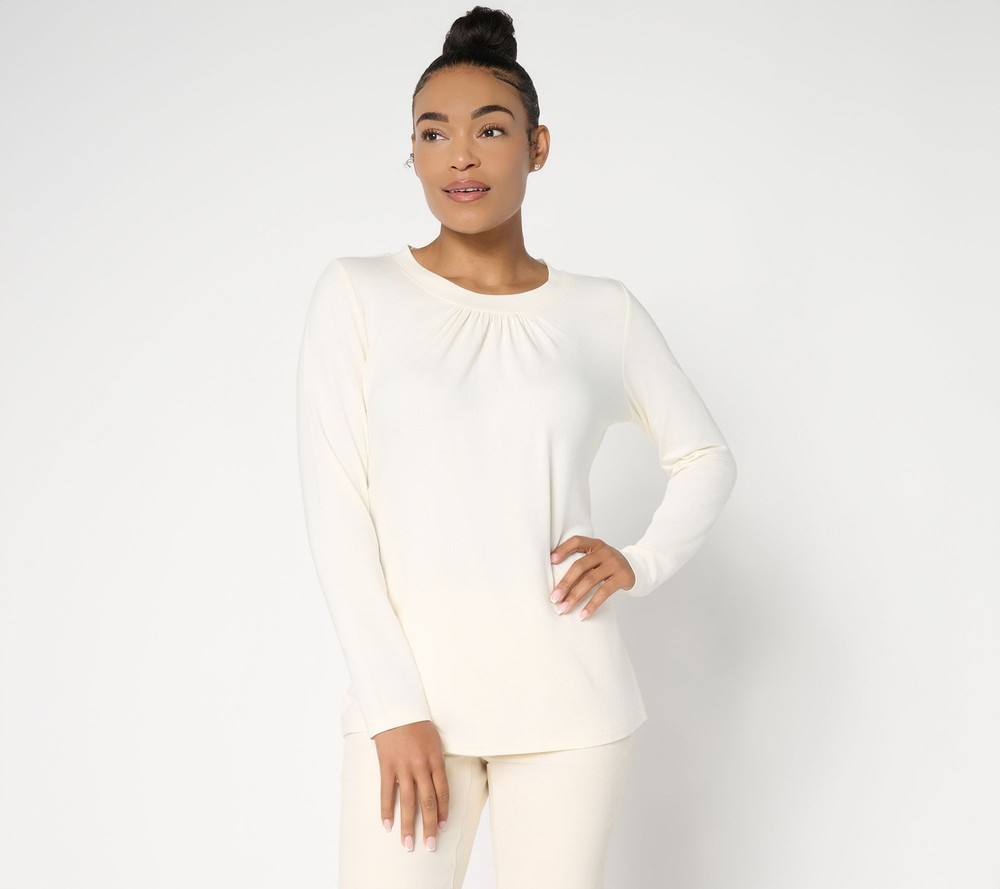 Denim & Co. Women's Top Sz L Essentials So Soft Jersey Ruched Neck White A701428