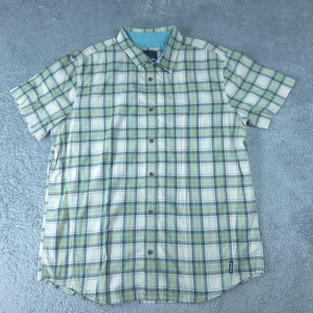PrAna Shirt Mens Large Multicolor Plaid Short Sleeve Button Up Casual Summer