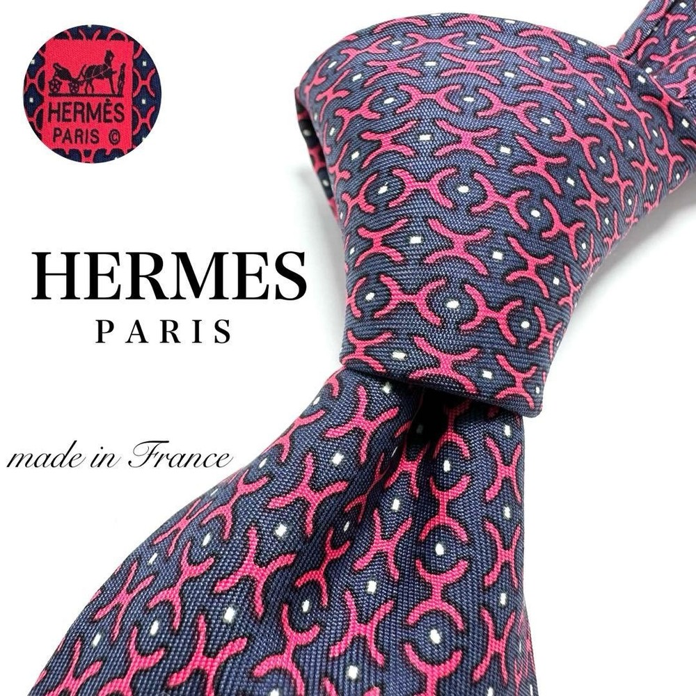 HERMES Necktie Tie All over H Logo pattern 100% Silk Made in France Navy Used