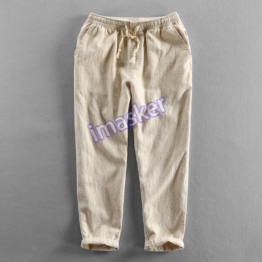 New Spring Chinese Style Men's Linen Casual Cropped Pants Solid Color Loose Fit