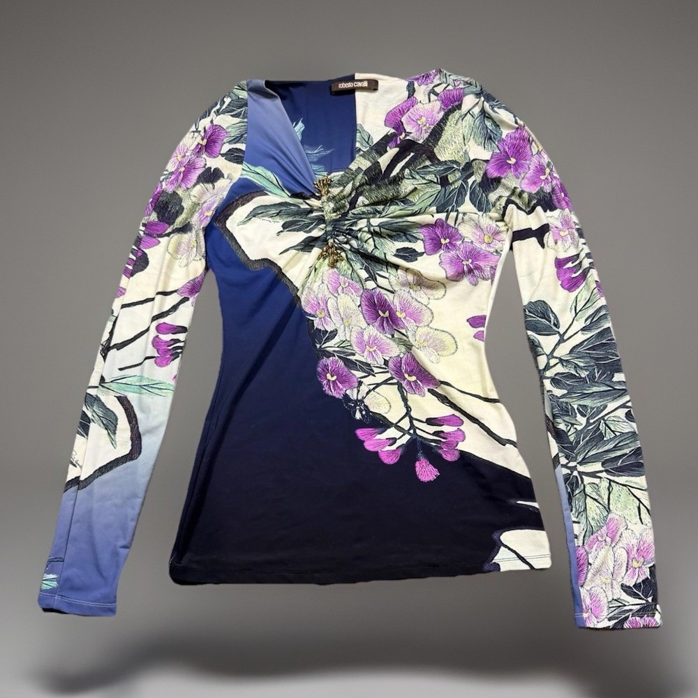 Vintage Roberto Cavalli Multicolor Floral Long Sleeve Top Shirt Size 42 RareWith Gold Tone Embellishment