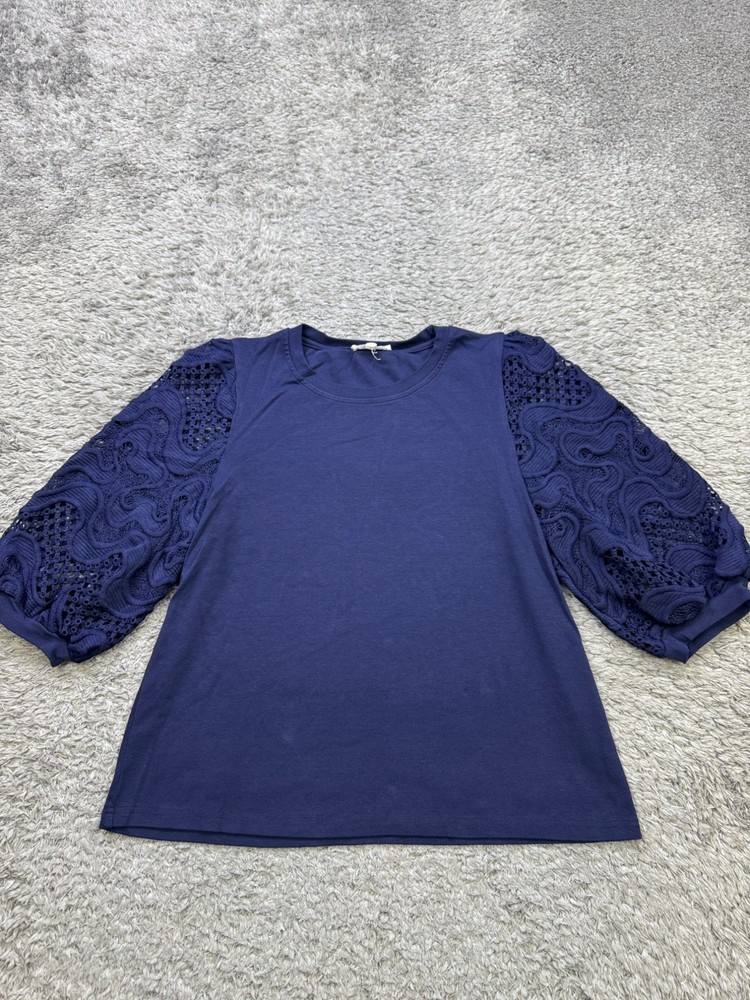 Joh Top Women XS Navy Blue Smocked Embroidered Lace 3/4 Sleeve Peasant Blouse