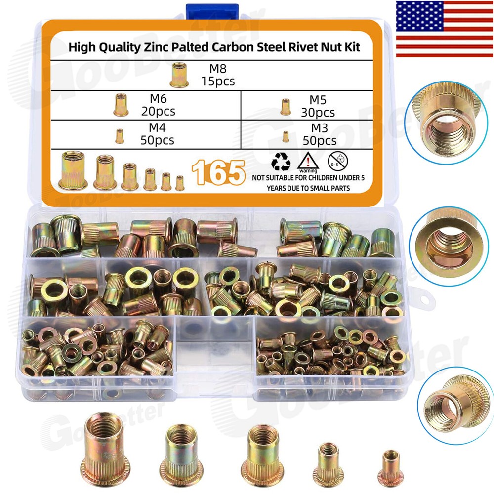 165x Carbon Steel Rivet Nut Kit Metric Rivnut Nutsert M3 M4 M5 M6 M8 Zinc Steel
