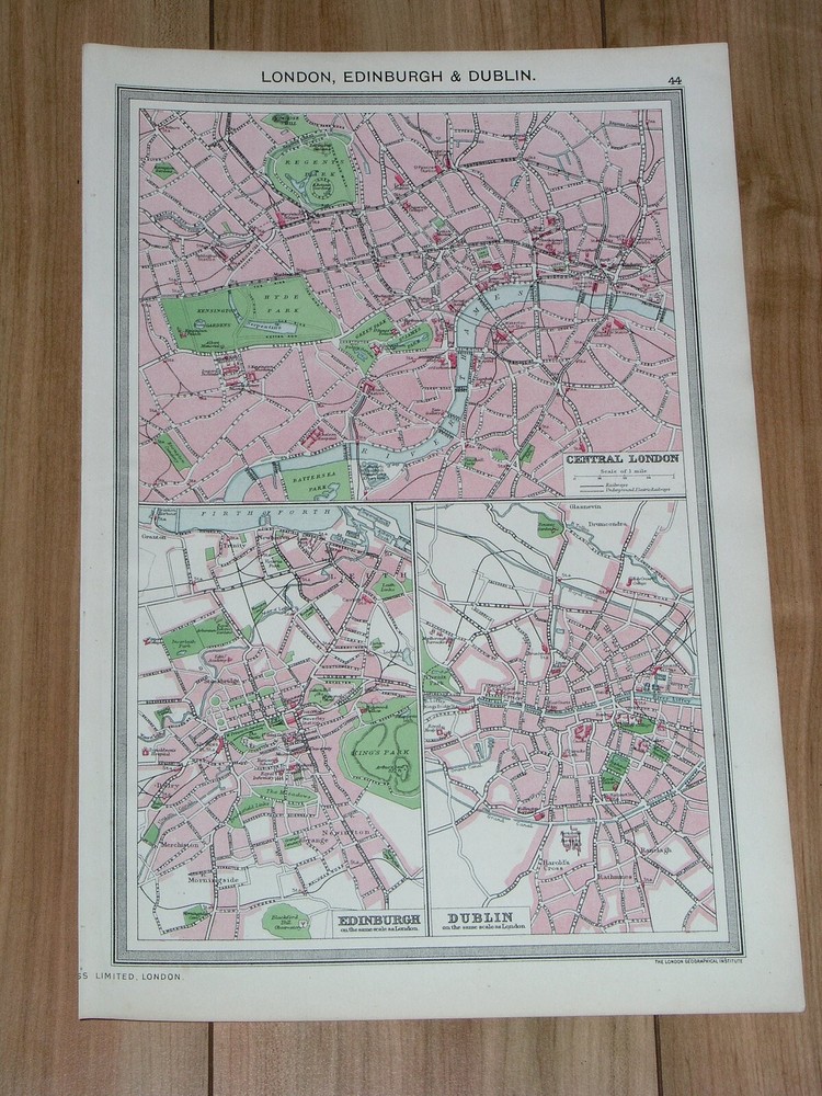 1908 Antique Map City Map Of London England / Edinburgh Scotland Dublin Ireland