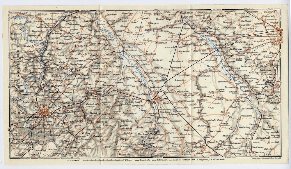 1925 Original Vintage Map Of Vicinity Of Aachen Aix-La-Chapelle Germany