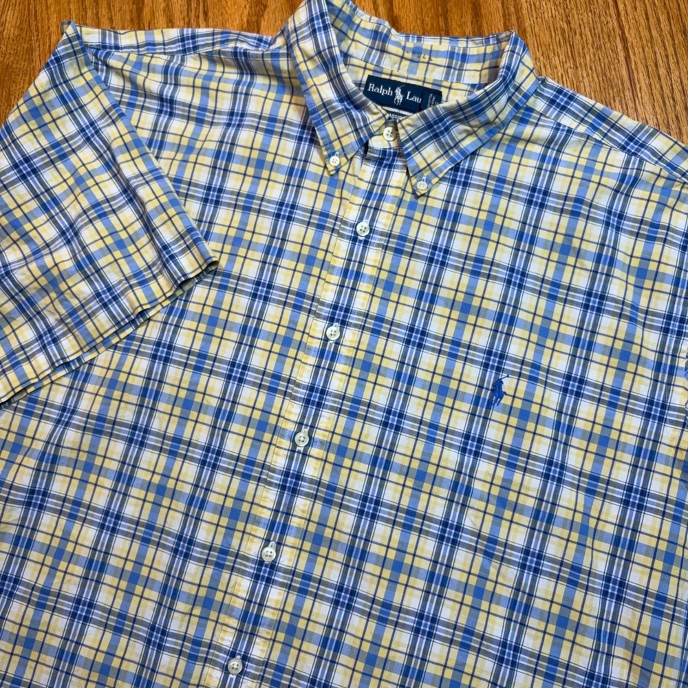 Polo Ralph Lauren Shirt Mens 2XB Yellow Blue Plaid Button Down Classic Fit