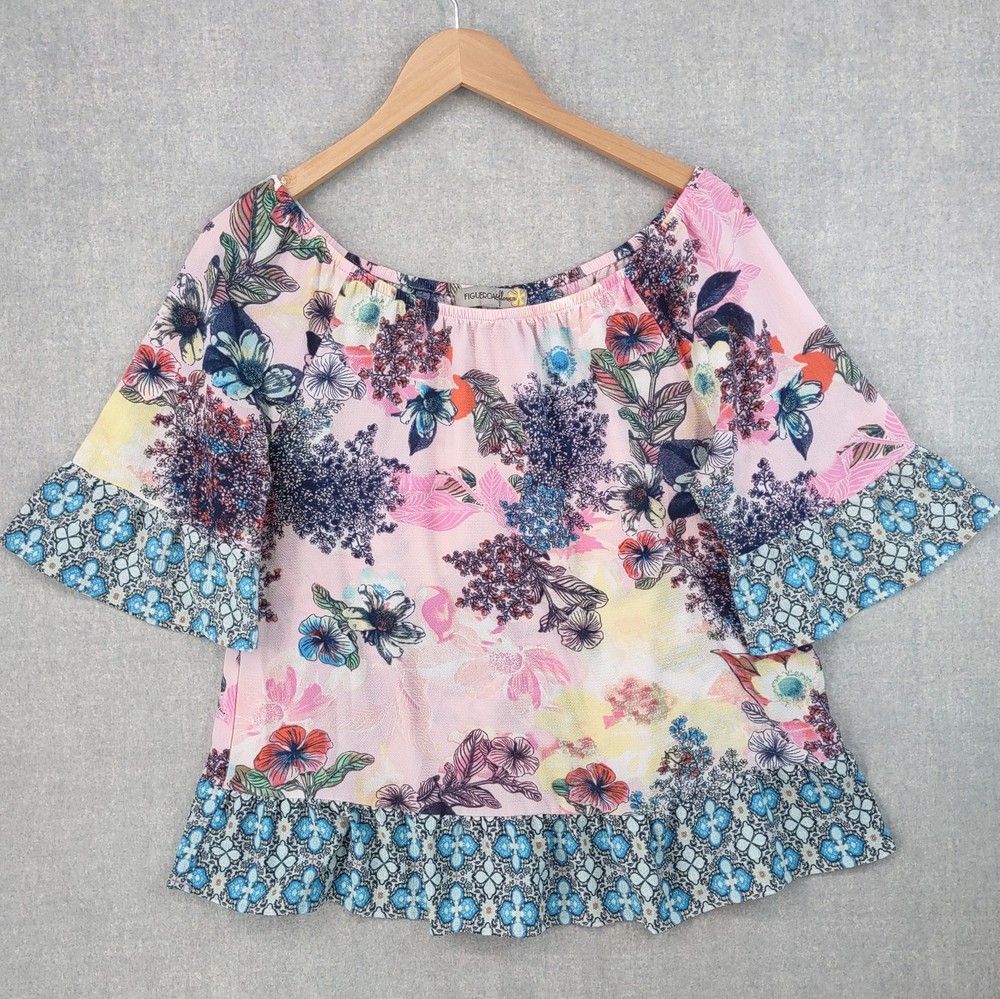 Figueroa & Flower Blouse Womens Large Floral Off Shoulder Boho Top Peasant Shirt