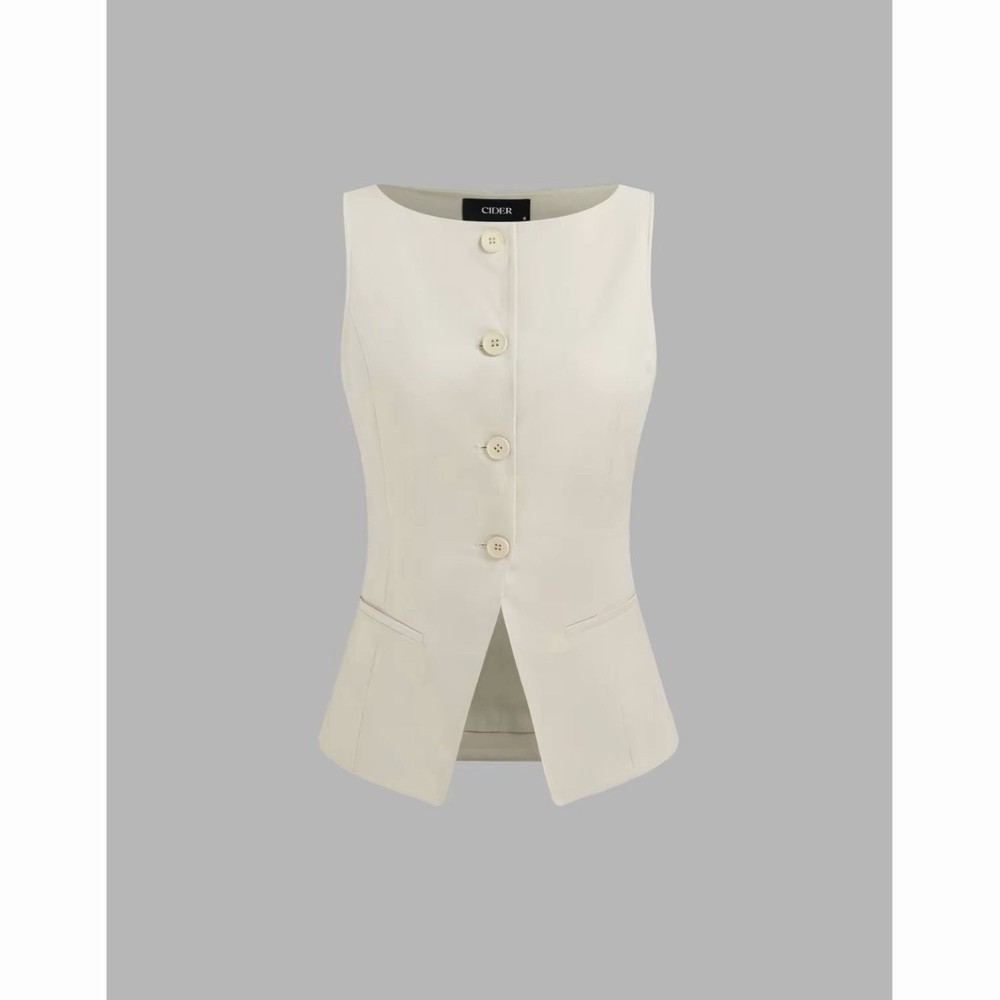 Cider Beige Top Woven Boat Neck Solid Button Vest Size Medium