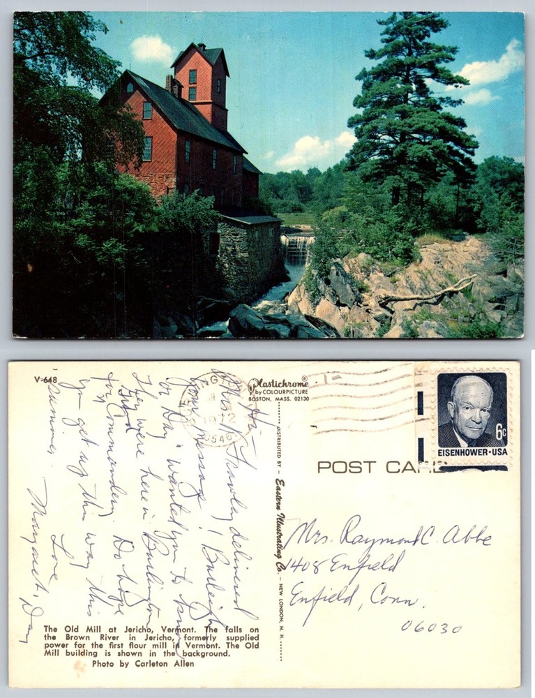 Old Mill Jericho Vermont Waterfall Brown River VT Postcard 1964 Eisenhower Stamp