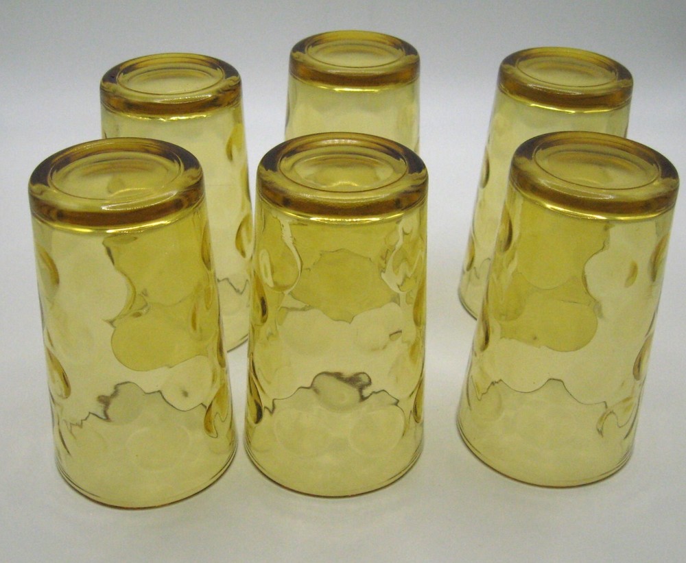 Vtg Hazel Atlas Amber El Dorado Optic Dot Coin Tumbler Juice Glasses MCM Set 6