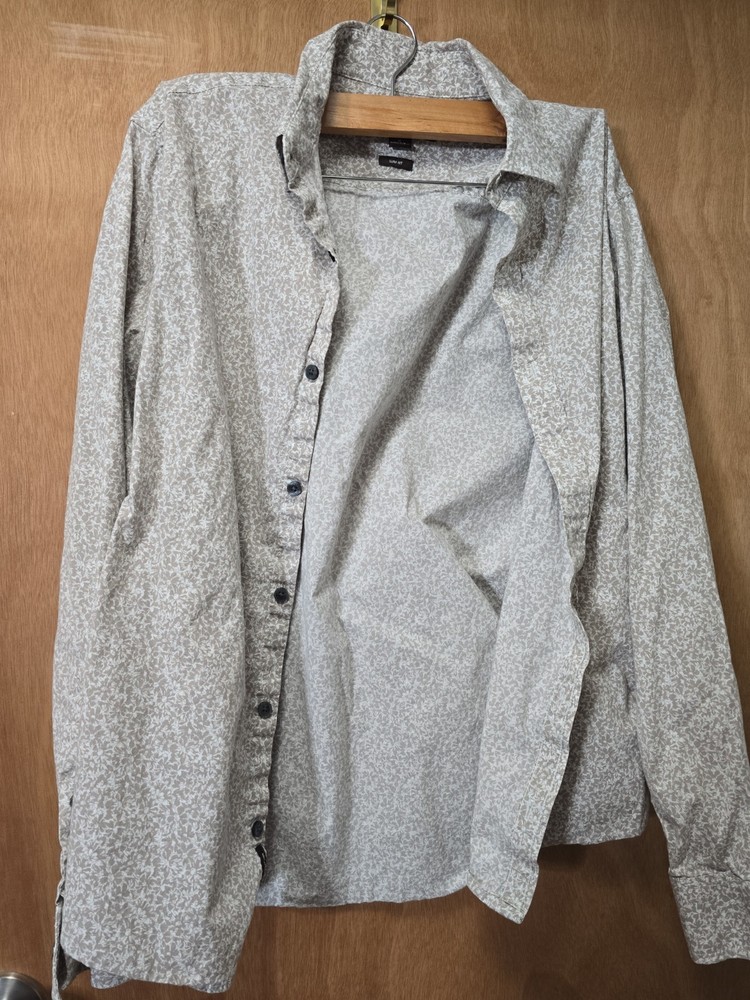 Michael Kors Mens Slim Fit Button-Down Shirt Med Brown Floral Print Long Sleeve