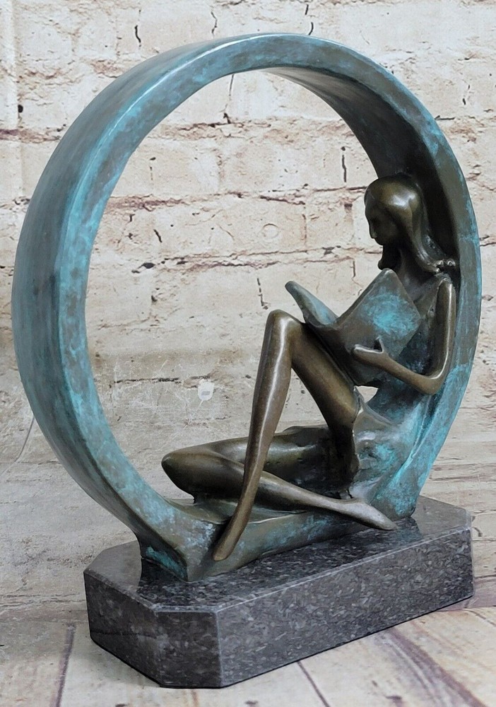 Abstract Mid Century Art by Collet Girl with a Book Solid Bronze SculptureGift-image