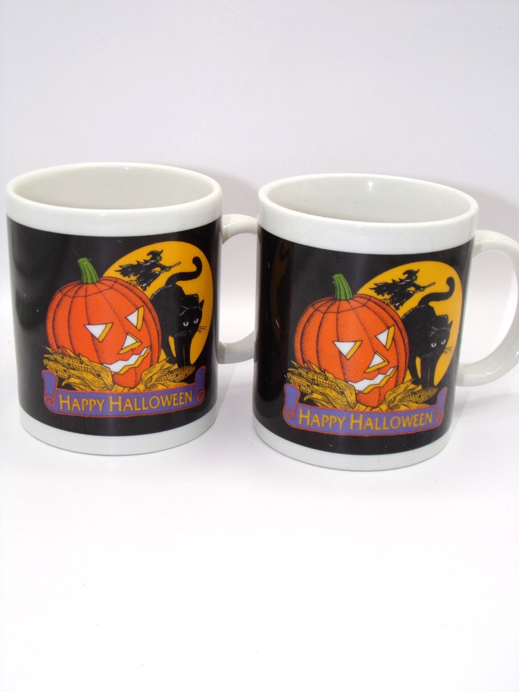 2 Vintage Happy Halloween Spooky Coffee Cup Mugs Pumpkin Black Cat Witch Moon