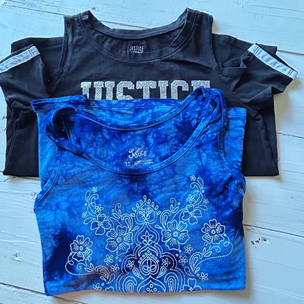 Justice Girls Size 12 Top Bundle Black Cold Shoulder Tee & Blue Tie Dye Tank