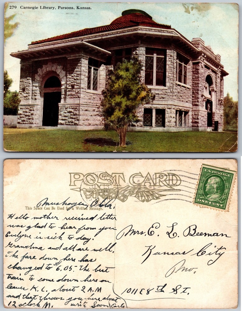 Carnegie Library Parsons Kansas Postcard