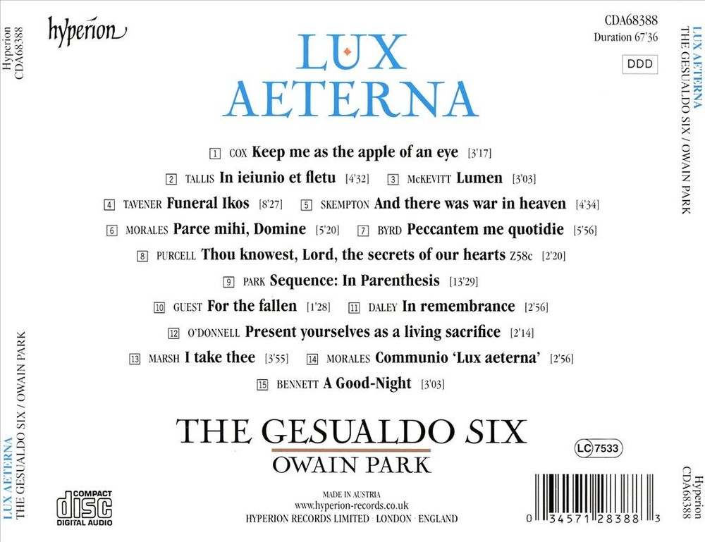 The Gesualdo Six / Owain Park Lux Aeterna New Cd