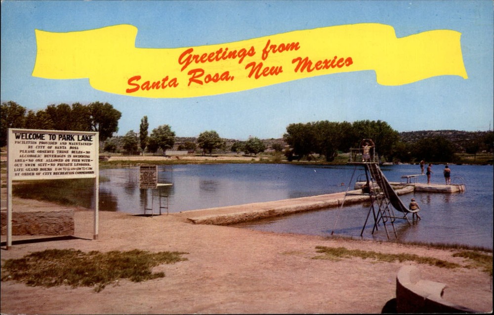 Greetings Santa Rosa New Mexico ~ Park Lake sliding board ~ 1950-60s postcard