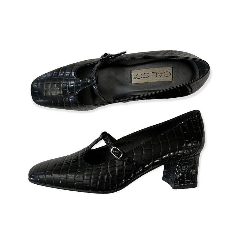 Vintage Calico Black Croc Block Heel T Strap Shoes Size 7