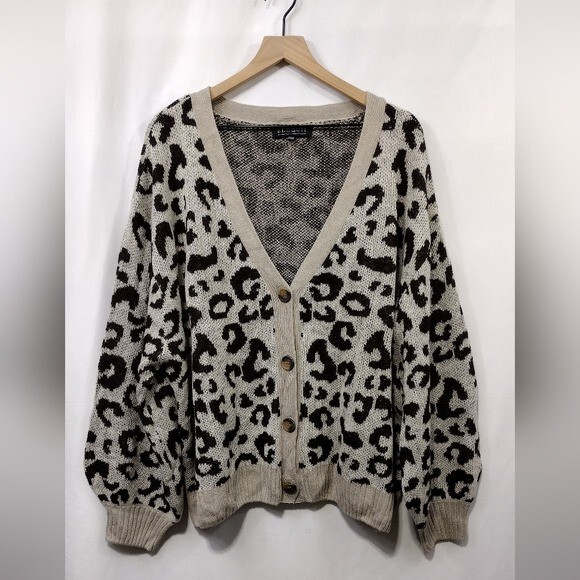 Eloquii Leopard Print Button Front Cardigan Sweater Women's Plus Size 26/28 Cream Black Boho Style