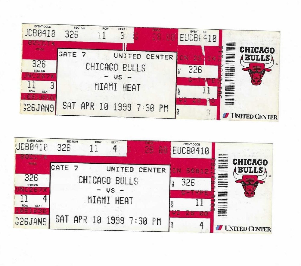 Chicago Bulls vs Miami Heat Unused Basketball Tickets April 10, 1999