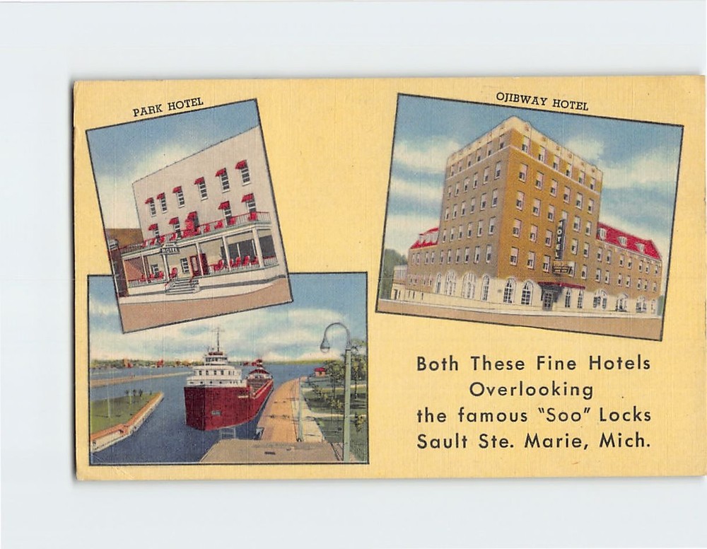 Postcard Leon A. Deglman Hotels Sault Ste. Marie Michigan USA