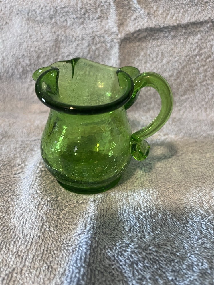 Vintage Emerald Green Crackle Glass Mini Pitcher Creamer  With Applied Ring