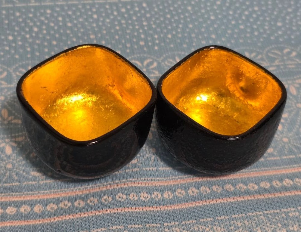 Kyoto Kiyomizu Ware Sake Cups Pair Black Glaze Gold Foil Interior Traditional