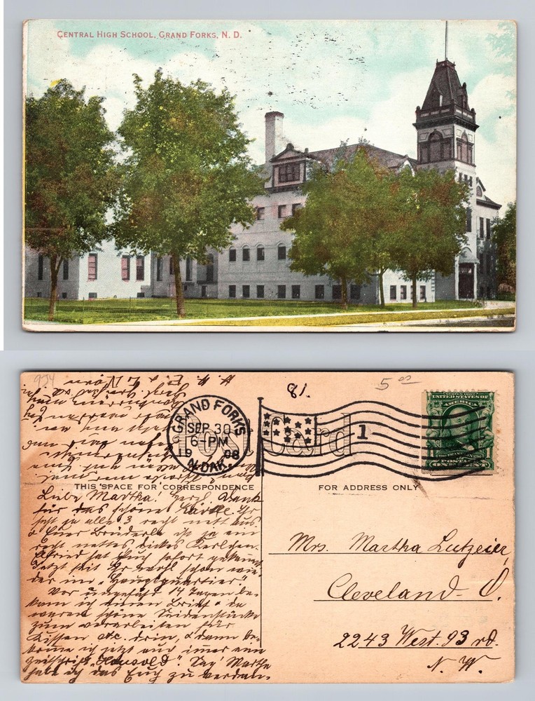 Grand Forks, ND-North Dakota, Central High School Tower Vintage c1908 Postcard