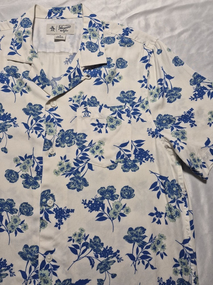Original Penguin Men's Medium Classic Fit 100% Viscose Camp Shirt Blue Floral