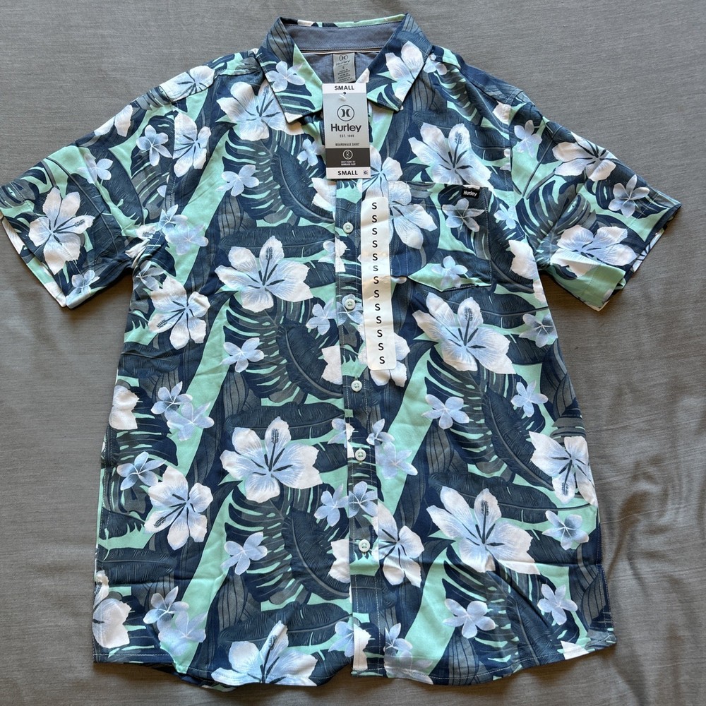Hurley Boardwalk Shirt, Button Up, Mens Size Small, Blue Flower Color way