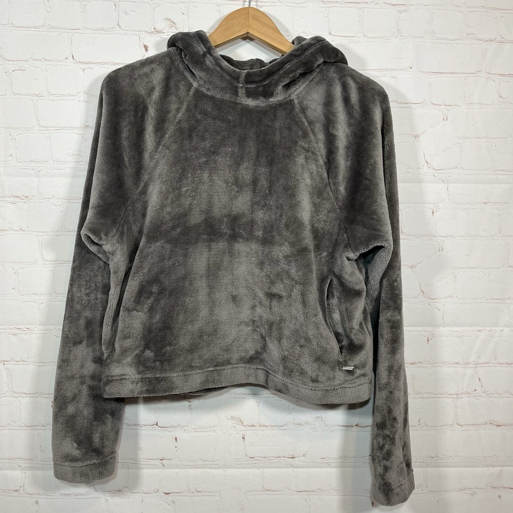 Hollister Hoodie Womens Size Small Gray Faux Fur Teddy Sweatshirt Soft