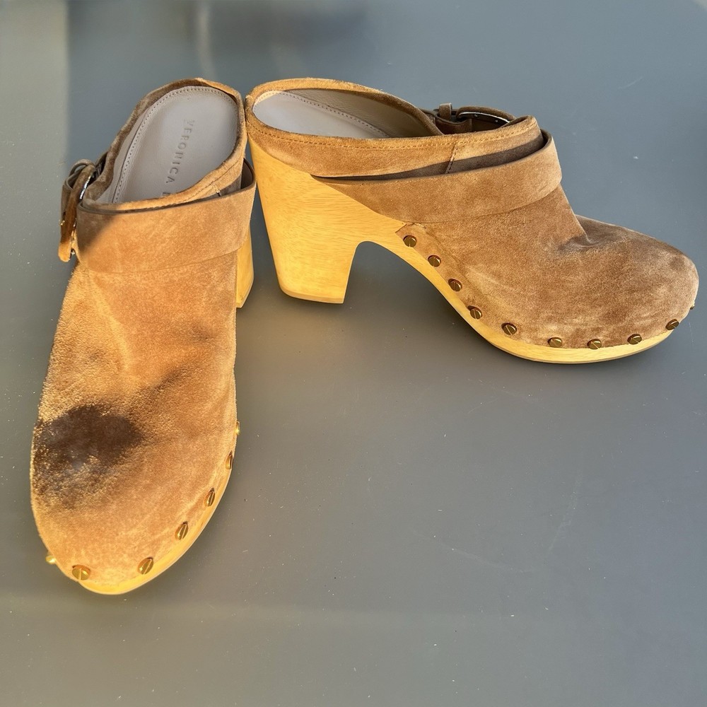 Boho Camel Dacey Suede Veronica Beard 10 M Clog Mule Studded Wood Platform