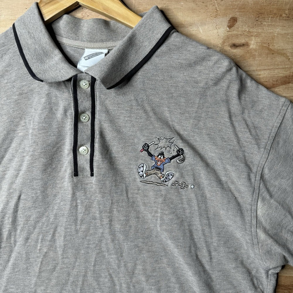 Warner Bros Polo Shirt Heather Grey Mens Sz L Looney Tunes Daffy Duck Golf 2000