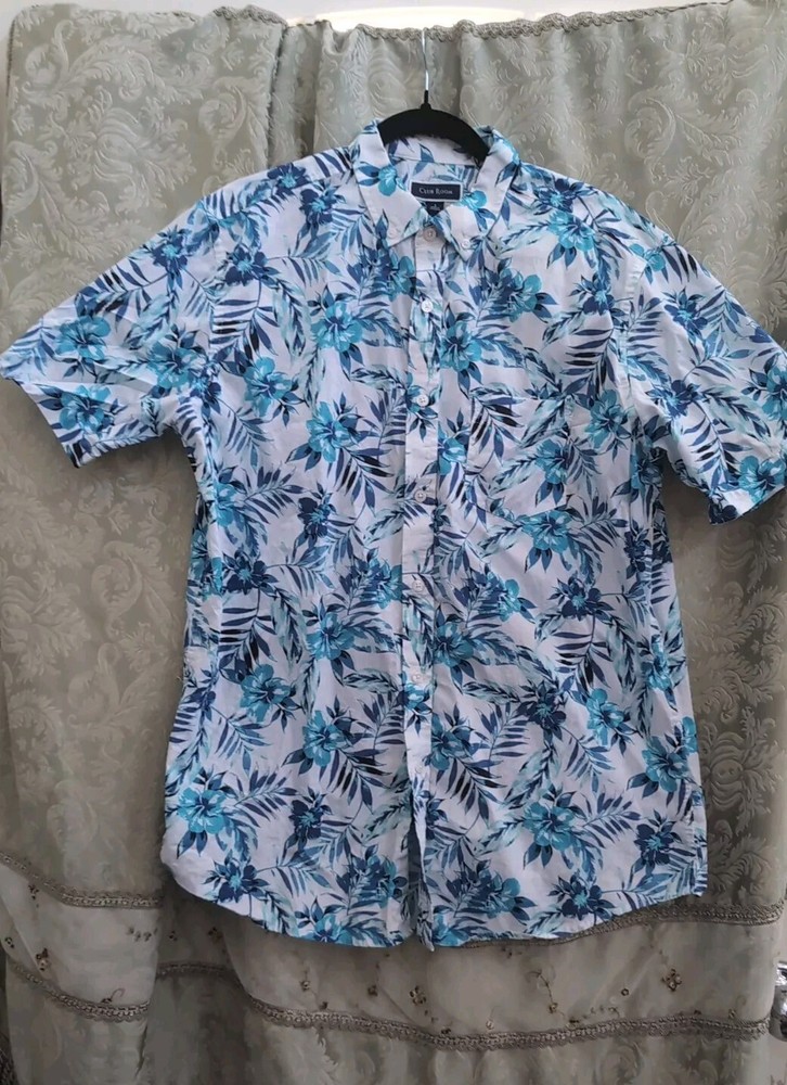 Club Room Hawaiian Shirt Men SZ L Blue & white Tropical Floral Short Sleeve