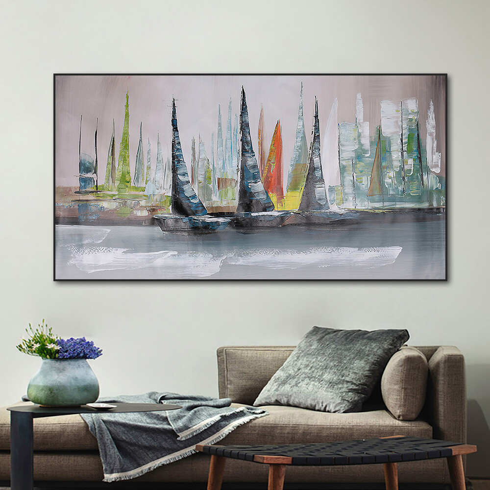Textured Colorful Sailboat Oil Painting Hand Painted On Canvas Modern Nordic