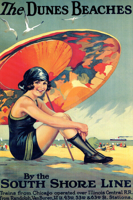 Vintage Chicago Dunes Beach Girl Under Umbrella South Shore Travel Poster Reproduction
