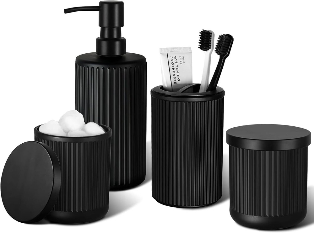Matte Black Bathroom Accessories Set, 4 Pcs Glass Accessory