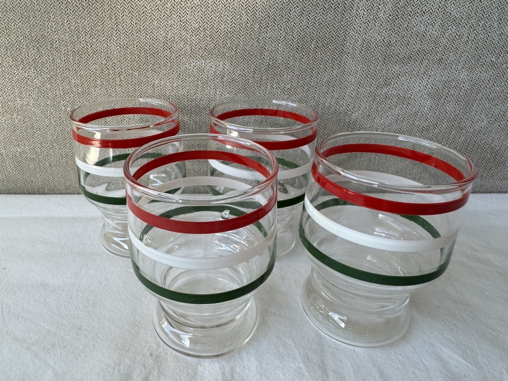 Vintage Set of 4 MCM 1950s Anchor Hocking Stripe Juice Glasses Red Green White
