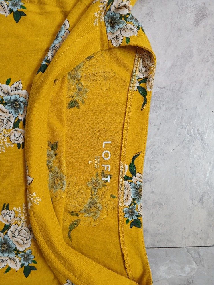 LOFT Womens Knit Blouse Yellow Floral Print Short Sleeve Cotton Modal L