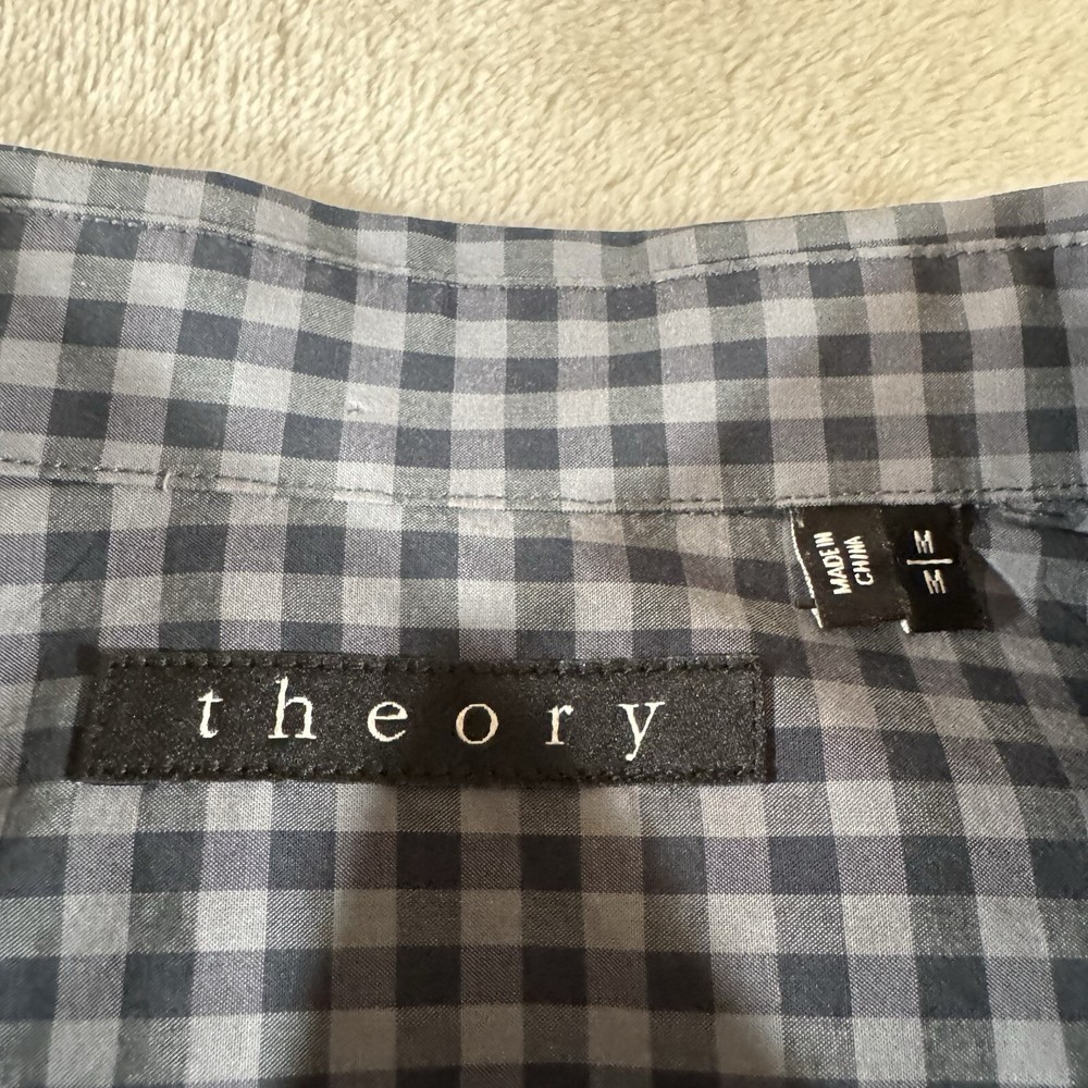 Theory Men's Medium Gray Black Check Long Sleeve Button Down Shirt