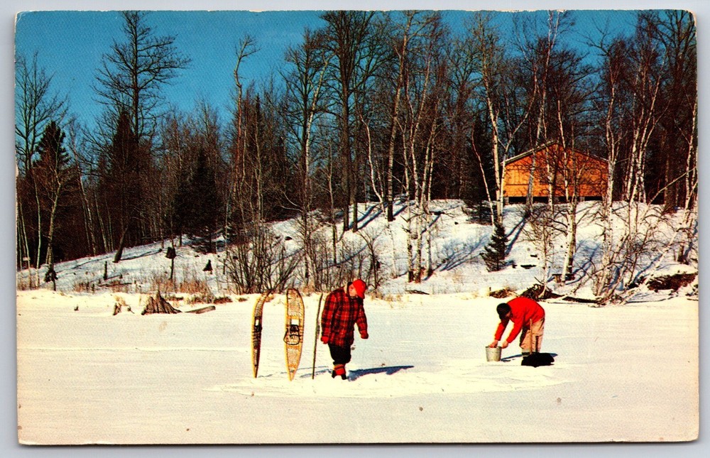 Sports~Ice Fishing Scene W/ Snowshoes~Photo By Thomas Peters Lake~Vtg Postcard