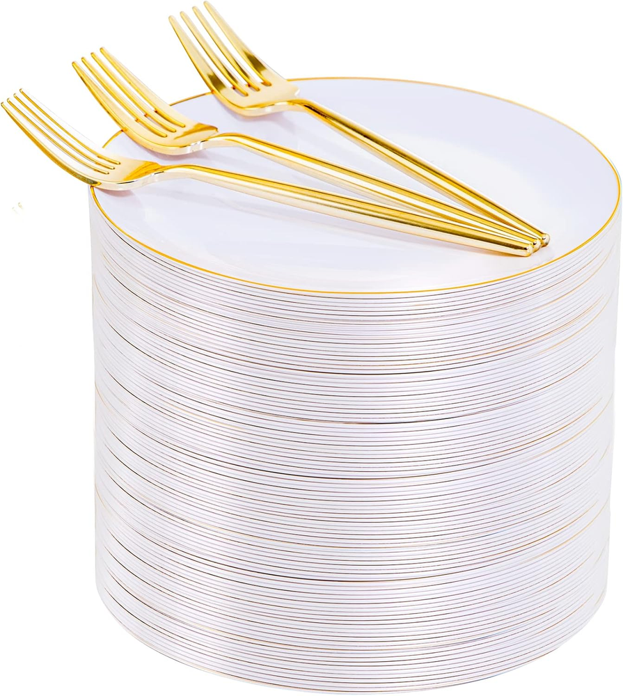200Pcs Gold Plastic Dessert Plates,White Appetizer Plates with Gold Disposable F