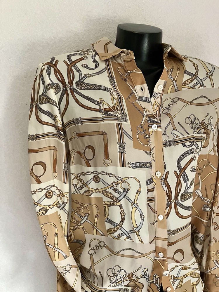 J. McLaughlin VINTAGE equine PRINT stretch SILK neutrals Blouse Top! SIZE: S 4 6