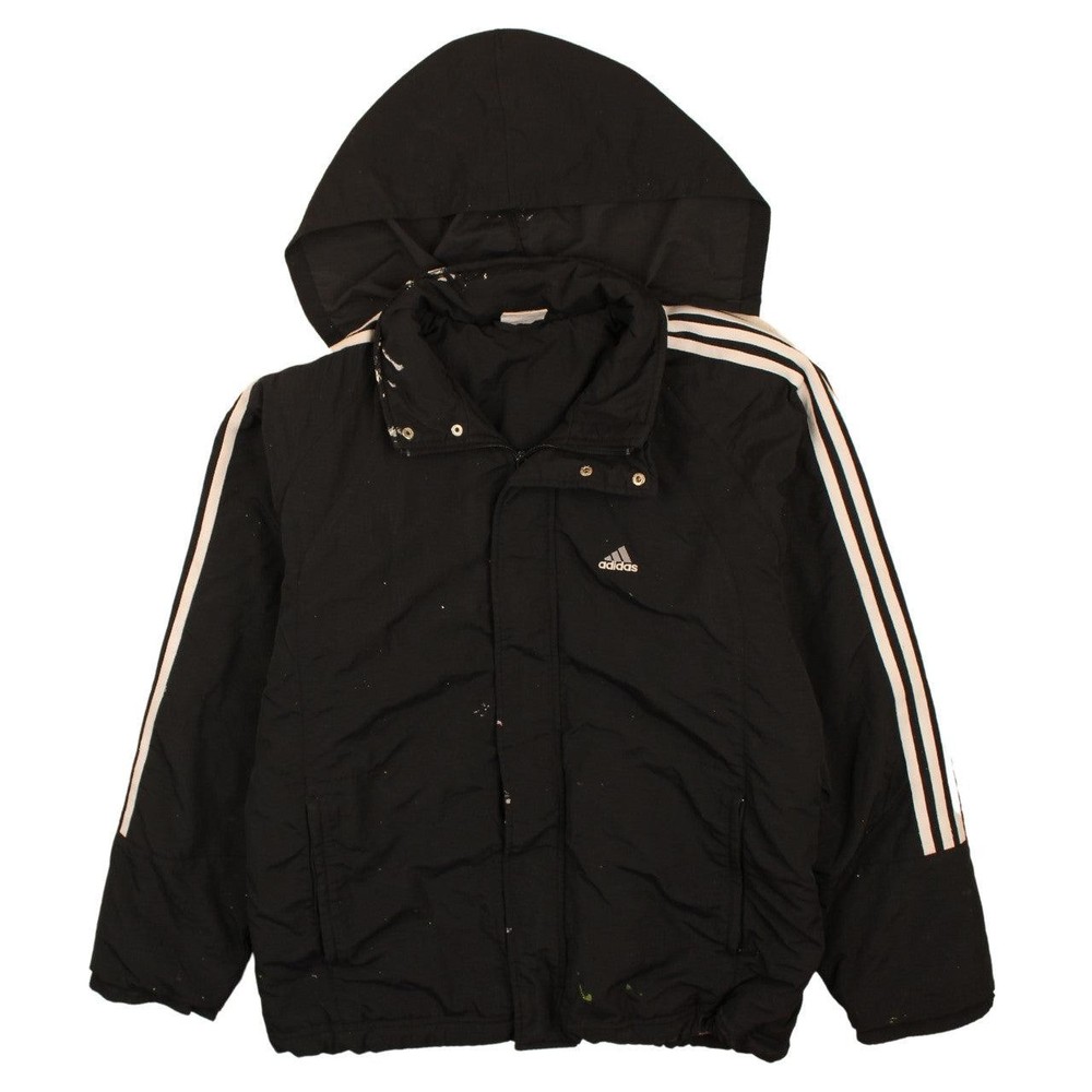 Adidas Mens Windbreaker Jacket Black Hooded Full Zip 3 Stripe Logo Sports M