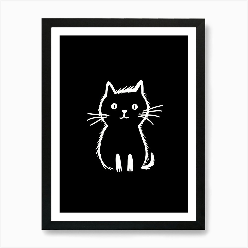 Black And White Cat Line Drawing 6  Framed Wall Art Poster Canvas Print Picture