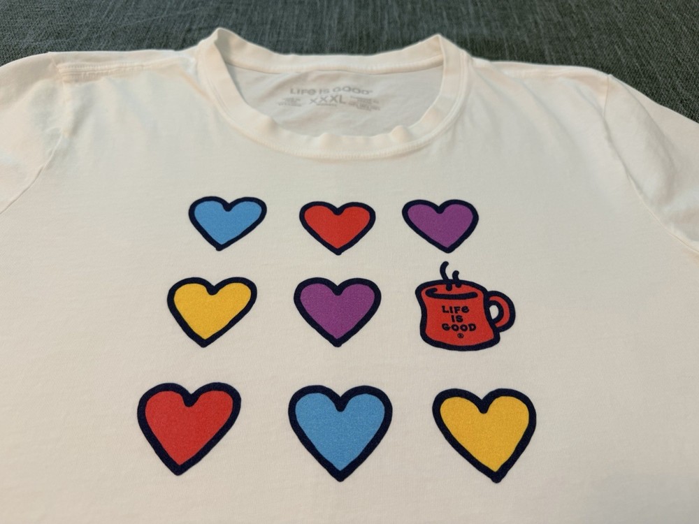 Life Is Good Crusher T Shirt Womens XXXL - 3X White Long Slv Hearts & Mug Fun