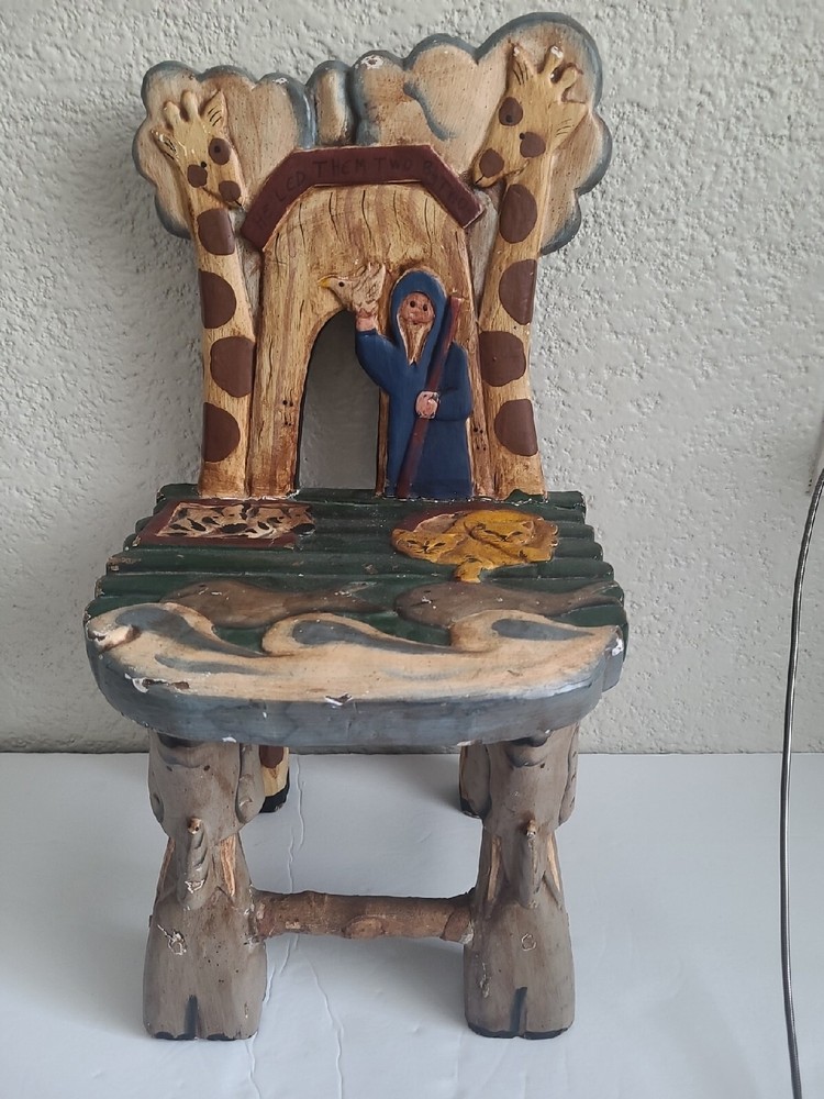 1980s Hand Carved Painted Noahs Ark Childs Chair Vintage Kids Furniture