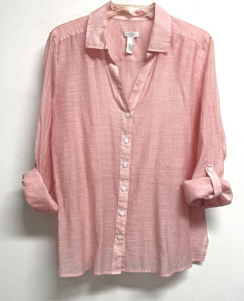 CHICO’S Size 2 Pink Striped Roll-Tab Sleeve Semi-Sheer Shirt Blouse - Women’s L
