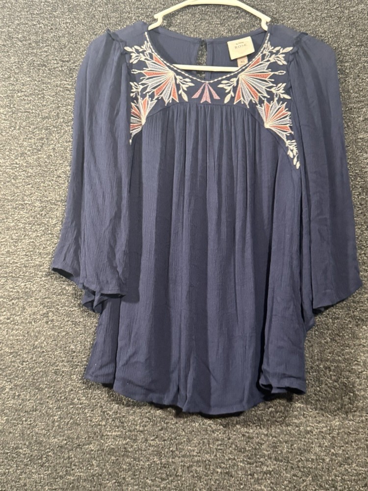 Knox Rose Womens Blue Embroidered Boho Top Blouse 3/4 Sleeve Size XS